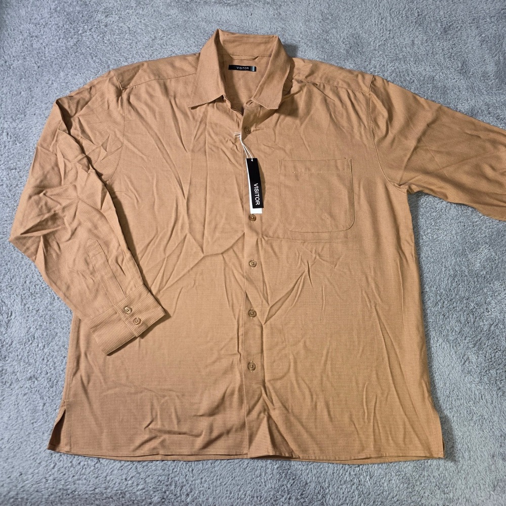 Visitor Mens Large Long‎ Sleeve Button Down Shirt Tan 100% Silk Textured Pocket